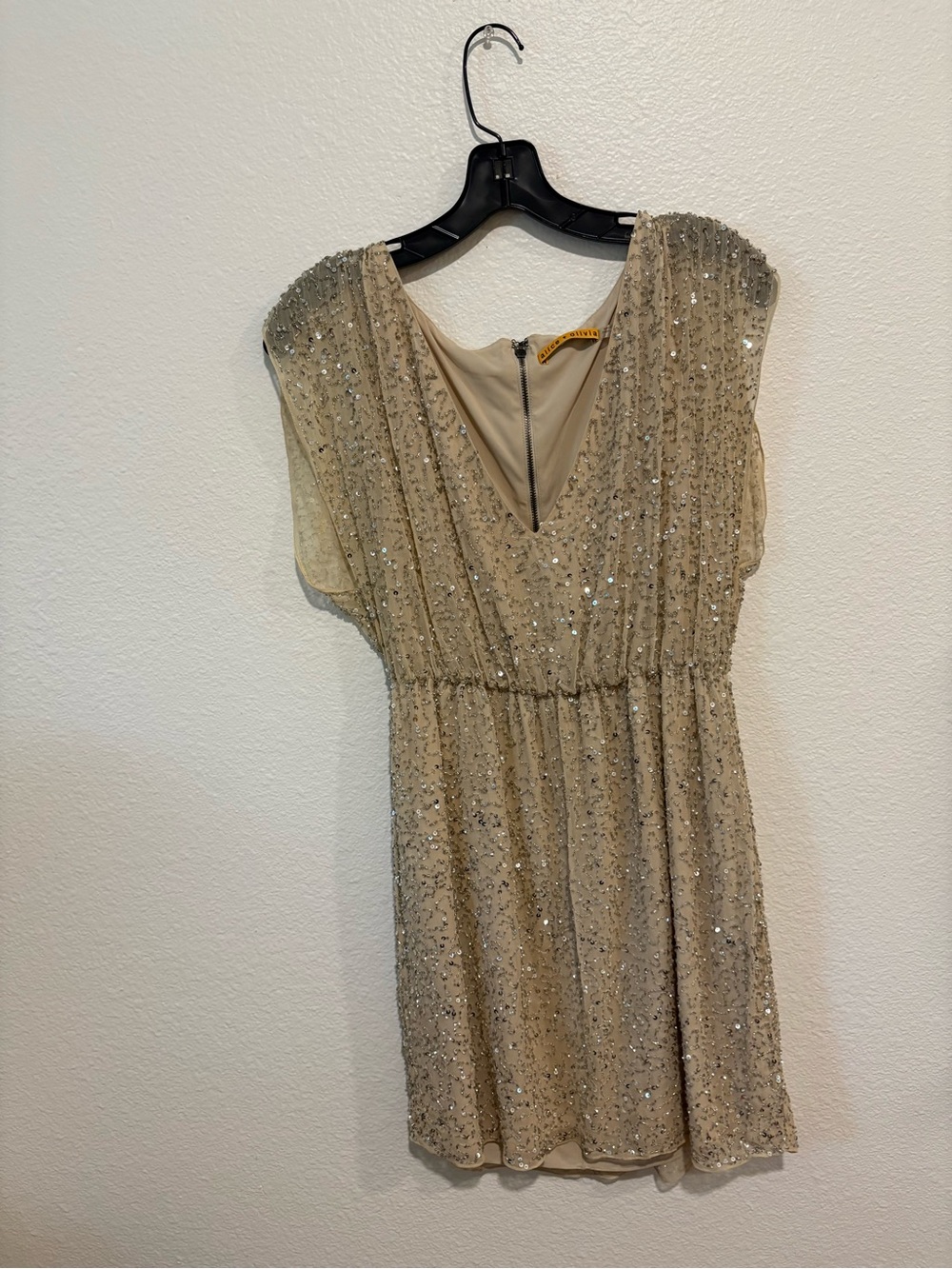 Alice + Olivia Champagne Sequin V-Neck Mini Dress